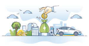 Illustration of handing placing money in a bag next to an electric car