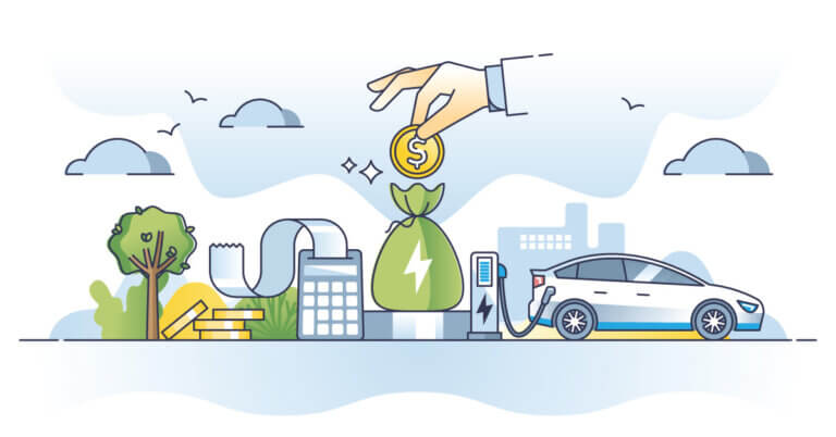 Illustration of handing placing money in a bag next to an electric car